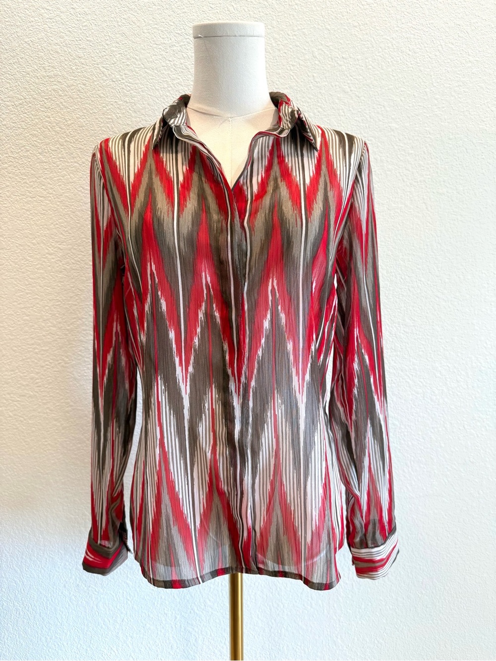 Banana Republic Chevron-Pattern Button-Down Sheer Shirt - Red, Brown, White
